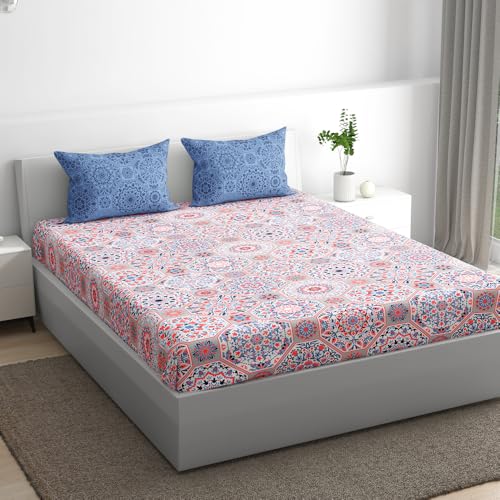 100% Cotton 152 TC Fitted Bedsheet with 2 Pillow Covers | Karol King, 75" x 72", Karol| 1.91m x 1.83m