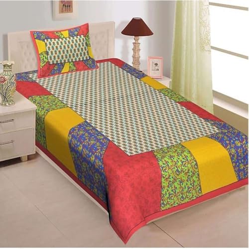 104 Tc Pure Cotton Single BedSheet with Two Pillow Covers | 60 X 90 Inches | EXLSG-142 | Multi