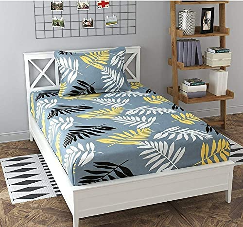 SpangleHomes 100% Soft Glace Cotton Elastic Fitted Single Bed Bedsheet with 1 Large Pillow Cover (Single Bed 42 x72x8 inches, Grey Leaves)