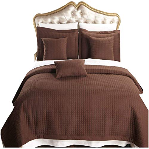 Queen size Chocolate Coverlet 3pc set, Luxury Microfiber Checkered Quilted by Royal Hotel