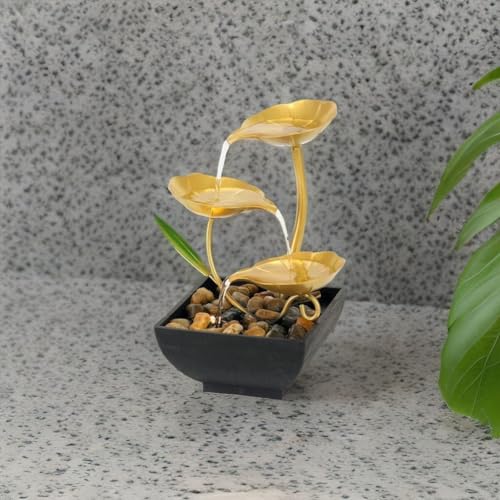 WebWares® Tabletop Fountain Metal Lotus Circulating Fountain Water Feature for Zen Home Decor Warm Yellow Scene Light (Gold)