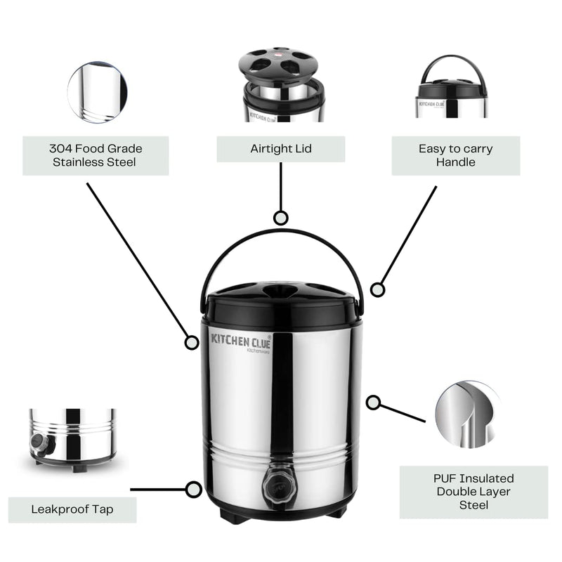 Kitchen Clue Hot Tea Flask with Airtight & Leak-Proof Lid I Stainless Steel PUF Insulated Tea/Water/Juice Container I 8 Liters I Easy to Carry Handle I Easy to Clean & Maintain I HOT & Cold Water Jug