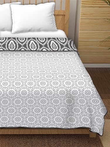 Dream Dwell100% Pure Cotton Reversible Dohar/AC Blanket for Double Bed |All Weather Light Weight | Floral Design Patterned, Grey and White Circular Motifs- Pack of 1