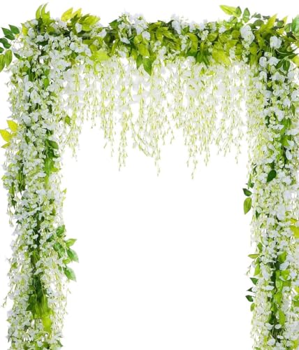 4 PCS Wisteria Artificial Flowers, Total 26.4 Ft Fake Hanging Vine Wisteria Garland Rattan Silk Flowers String and Ivy Leaf Foliage Ceremony Arch Fall Indoor Outside Home Wall Garden Decor