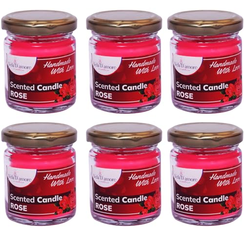 Vela D'amore Candles Rose Fragrances Organic Hand Poured, Soy Wax Scented Jar Candles-100ML Each(Rose-6 Pcs)