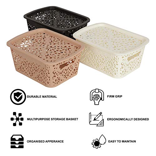 Cutting EDGE Turkish Baskets with Lid for Kitchen | Vegetables | Toys | Accessories (Combo - Brown, Beige, White, Small, Dimension:- 23.5X13.5X10.1 cm)