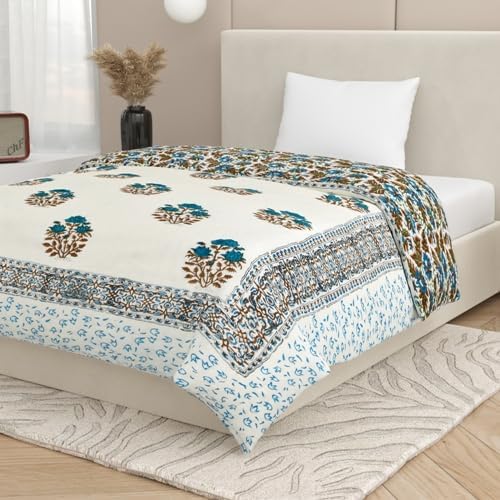 AARMOZY Cotton Jaipuri Razai Single Bed Hand Block Floral Buta Net Print Quilt/Rajai Blanket - Sky/Brown (Single Bed E)