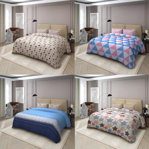 Nendle Polycotton 400TC Combo Set of 4 Super King Bedsheets 108 * 108 Inches with 8 Contrast Pillow Covers Multicolor