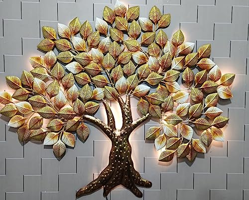 AntarYuga Metal Rich Golden Tree with LED Wall Artfor Home Living Room/Bedroom/Office/Hotel/Cafe/Farmhouse-120X5X108 Cm