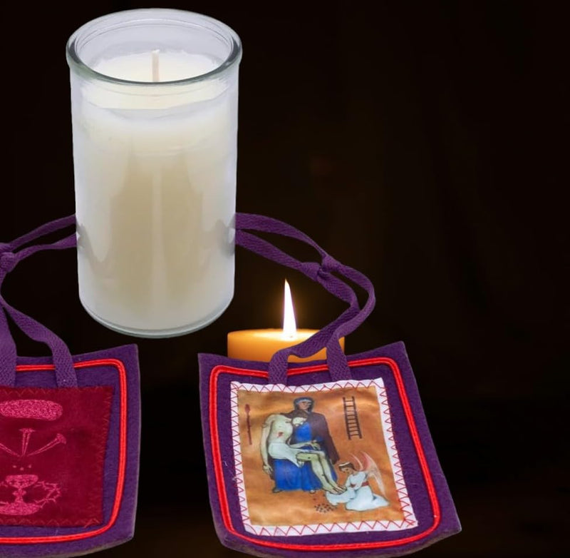 51% Beeswax Candle and Purple Home Scapular | 3 Days of Darkness | Catholic Spirituality | Divine Protection | Blessed Anna Maria Taigi and Marie-Julie Jahenny