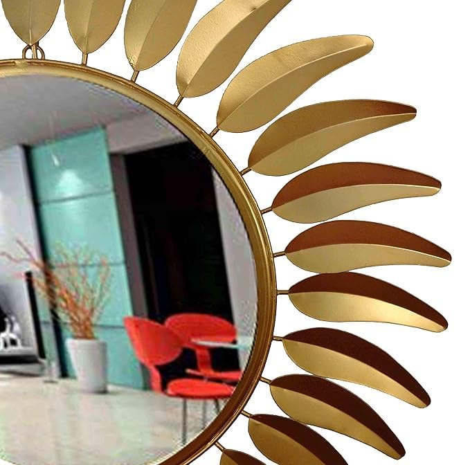 AlinaHandicraft Craft Home Decor Living and Drawing Room Round 3D Designer Mild Steel Golden Leaf Wall Mirror 28 x 28 Inch