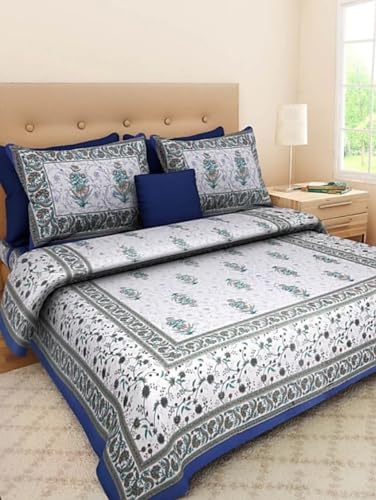 Pure Cotton Sanganeri Printed Jaipuri Bedsheet for Double Bed Queen Size with 2 Pillow Covers 260Thread Count (White Sky Blue)