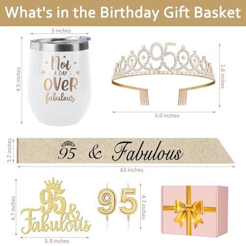 95th Birthday Party Decorations with 12oz Wine Coffee Tumbler Mug, 95th Birthday Decorations Women Crown, Sash, Cake Topper and 95th Birthday Candles, 95th Birthday Gifts Idea