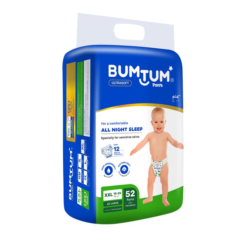 Bumtum Baby Diaper Pants, XXL Size, 52 Count, Double Layer Leakage Protection Infused With Aloe Vera, Cottony Soft High Absorb Technology