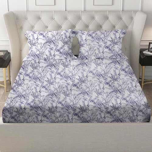 Dreaming Owl Cotton Feel Glace Cotton Elastic Fitted Printed King Size Double Bedsheet with 2 Pillow Covers (72"x72",), Mist Blue