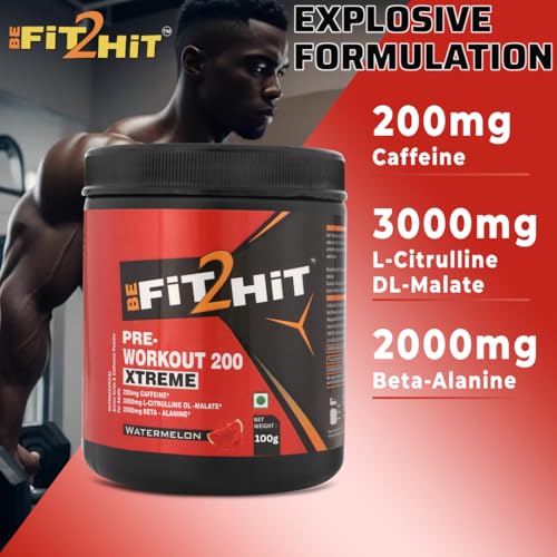 BeFit2Hit Pre-Workout Supplement, Watermelon Flavour, 100g (30 Servings), 200mg Caffeine, 200mg Theanine, 2000mg Beta Alanine, 3000mg Citrulline