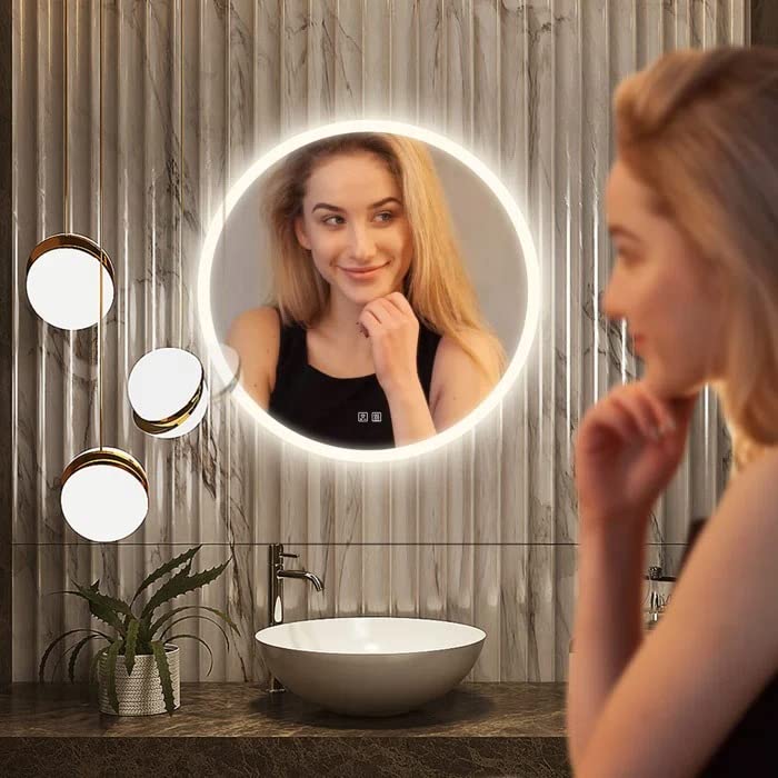 BUNGALOW MERCER Round Energy Saving Copper-Free Silver LED Lighted Bathroom Mirror/Vanity Mirror, Dimmable, Wall Mirror for Bathroom, Bedroom 60CM