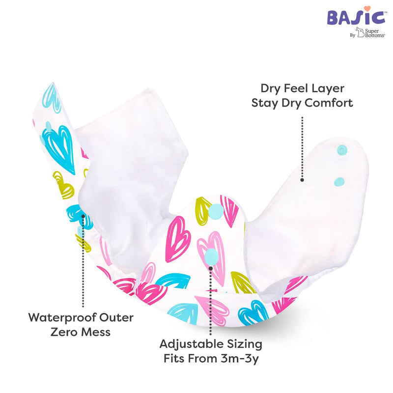 SuperBottoms BASIC Assorted Pack of 2 CPSIA Certified Cotton Cloth Diapers For Baby | Washable & Reusable | 0-3 Years | Freesize | Adjustable | Reduces Rash | With Quick Dry Pad/Insert