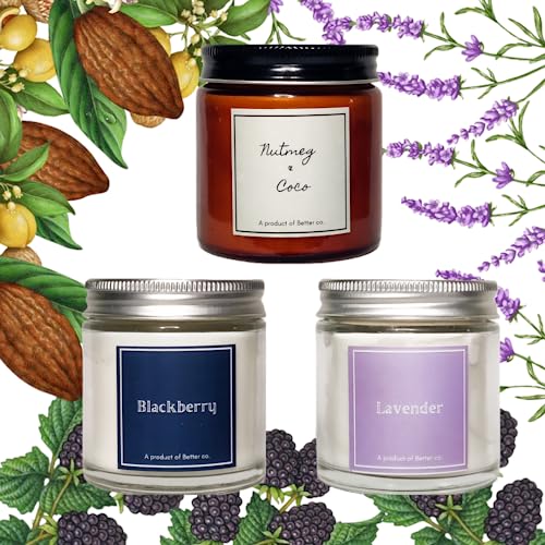 Better co Scented Soy Wax Amber Jar Candle Organic Luxury Aroma Burning Time Upto 20 Hours. Combo Pack of 3. Nutmeg + Coco BlackBerry and Lavender