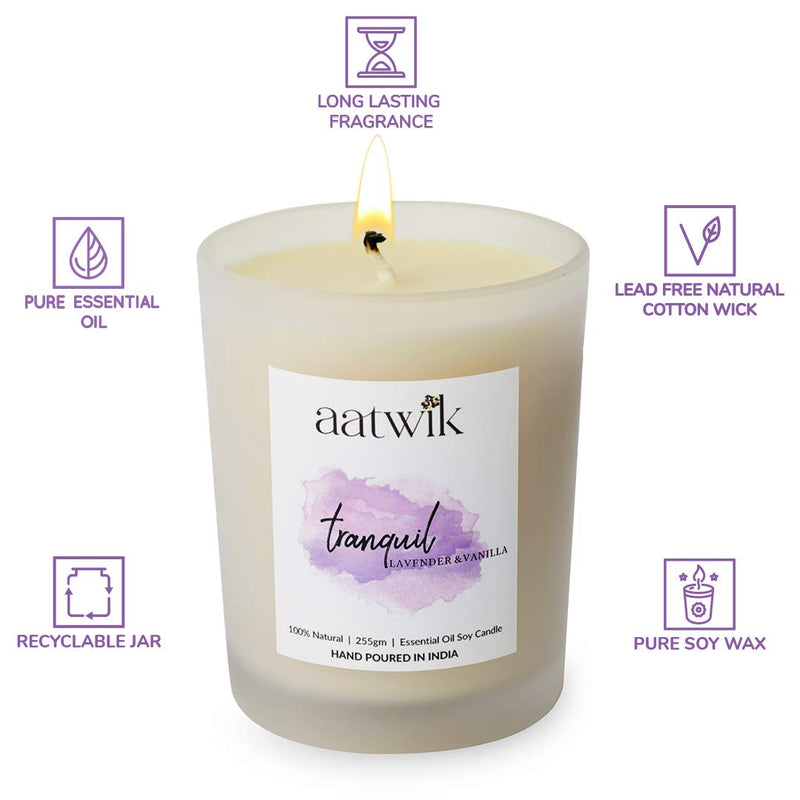 Aatwik Tranquil Aroma Soy Wax Candle Lavender and Vanilla Essential Oils | Home Decoration|Birthday | Indoor| Outdoor | 255gm