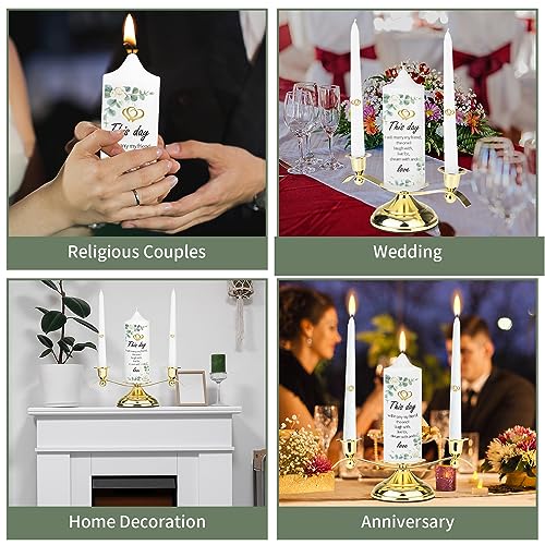 3 Unity Floral Candles for Wedding Ceremony Set with Perfect Golden Candle Holder, Fit for White Taper Pillar Candles, Religious Wedding Anniversary Big Events Gifts for Couple