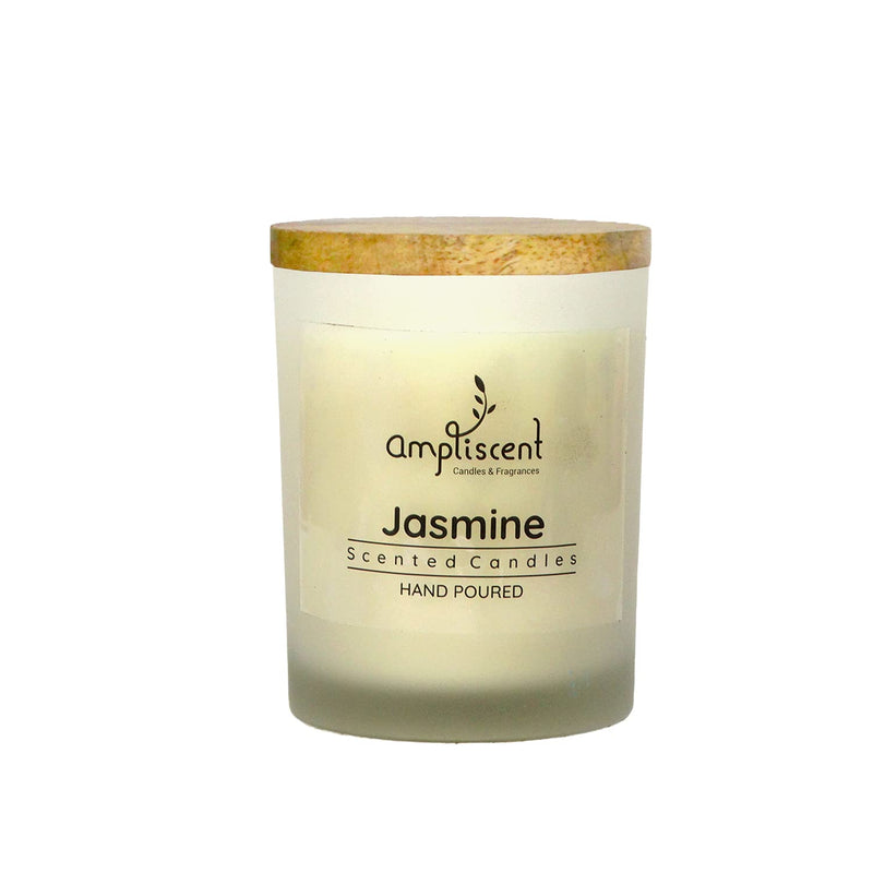 Ampliscent Natural Scented Candle for Home Decor | Highly Fragranced Frosted Glass Jar with Lid | 40 Hours Burning Time | Hand Poured Pure Wax Candles - Jasmine