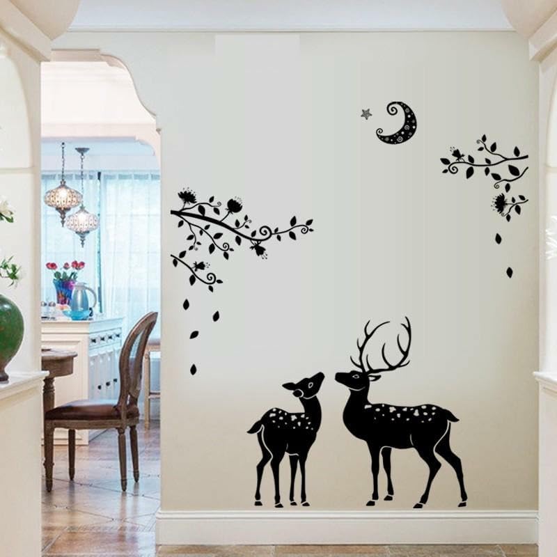 GADGETS WRAP Black Deer Leaf Design with Moon Night Stars Self Adhesive Sticker (Pack of 1)