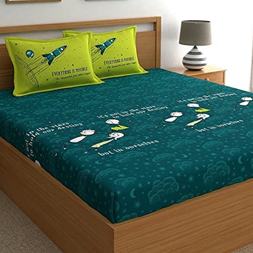 Myroom Cotton Quotes And Character Double Bedsheet With 2 Pillow Covers- Green