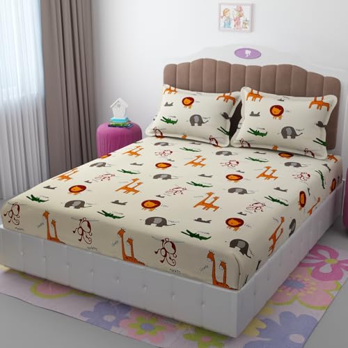 Reyansh Decor Presents Luxurious Glace Polycotton Super Soft 200 TC King Size (90x90 inch) Double Flat Bedsheet with 2 Pillow Covers for Kids Room, Cream