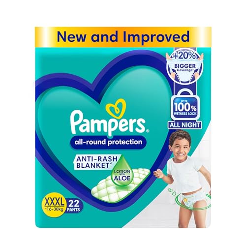 Pampers All round Protection Pants Style Baby Diapers, XXX-Large (XXXL) Size, 22 Count, Anti Rash Blanket, Lotion with Aloe Vera, 17+ kgs Diapers