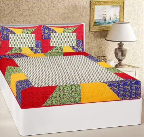 the youth spirit Cotton Double Bedsheet with 2 Pillow Cover Jaipuri Rajasthani Printed Bedsheet,MultiBlocks