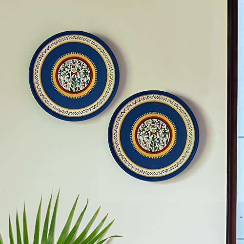 ExclusiveLane 'The Warli Tales' Handpainted Terracotta Decorative Wall Plates Decor Hanging Wall (8 inch, Set of 2, Blue)