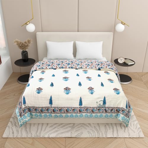 PINAARAS INTERIOR Hand Block Big Flower Prints Light Weight Cotton Single Bed Quilts/Razai/Rajai - Brown (60X90 INCHES, 5FTX 7.5FT)