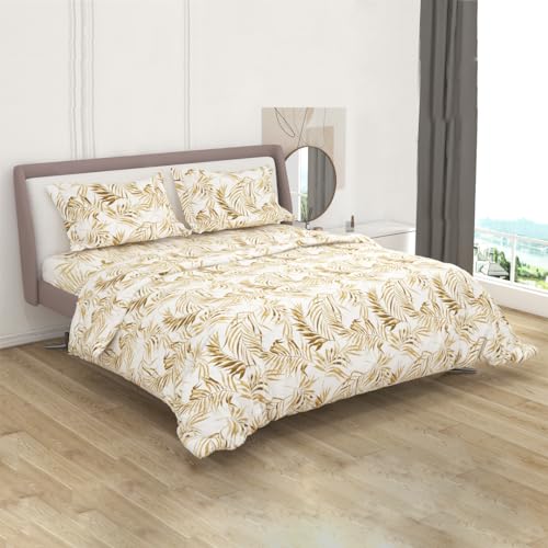 Tannarry Soft Cotton Leaf Print 400 TC Super King Size Bedsheet (274 * 274cm) with 2 Pillow Covers (46 * 68cm)- Brown