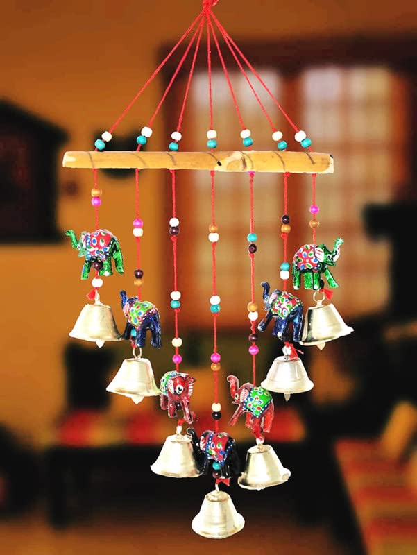 Aarushi� Rajasthani Wood Based Hand Made Wind Chime Elephant with Bells for Home|Office|Garden|Decoration Door|Wall Hanging -Set of 3