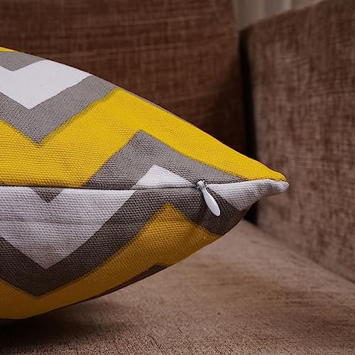 HOMEMONDE Throw Cushion Covers Premium Cotton Square Pillow Cover Printed Pillowcases Set Of 2 (Yellow Chevron, 16 X 16 Inches), 120 TC