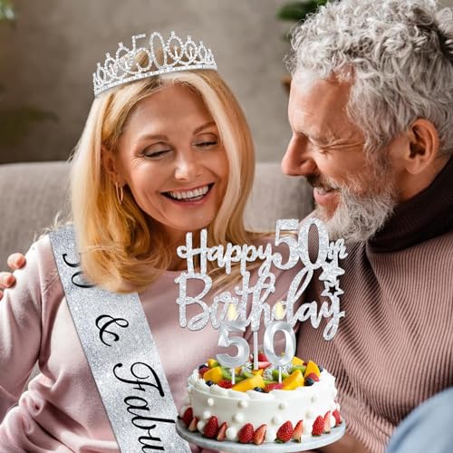 50th Birthday Decorations Women Include Silver 50th Birthday Tiara and Sash, Silver 50th Birthday Candles and Cake Topper, Silver 50th Birthday Balloons for 50th Birthday Gifts Women