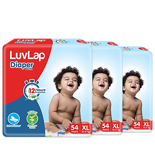 LuvLap Pant Style Baby Diapers, Extra Large (XL) For babies of 12 to 17Kg, Pack of 3 (54 Pants x 3 = 162 Pants),with Aloe Vera Lotion for rash protection, with upto 12hr protection, Diapers