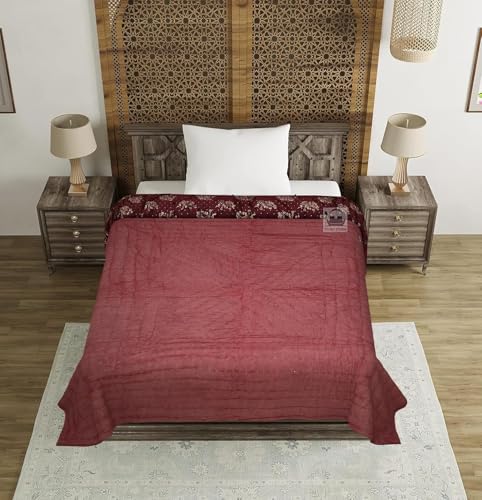 AARMOZY Cotton Filled Light Weight Silk Jaipuri AC Quilt/Razai Gold Print Jaipuriya Rajai/Razzai Animal Print, Maroon Elephant Double Bed