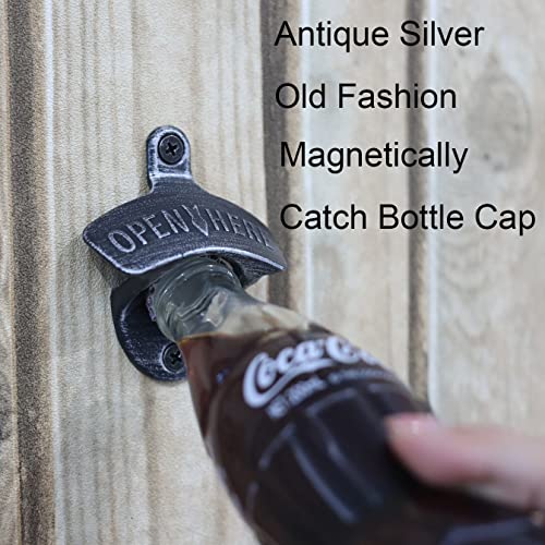 2PCS Outdoor Aged Silver Stainless Wall Mount Beer Bottle Opener Magnetic Stationary with Magnetic Cap Catcher Jumiok for Home Bar Cabinet Porch