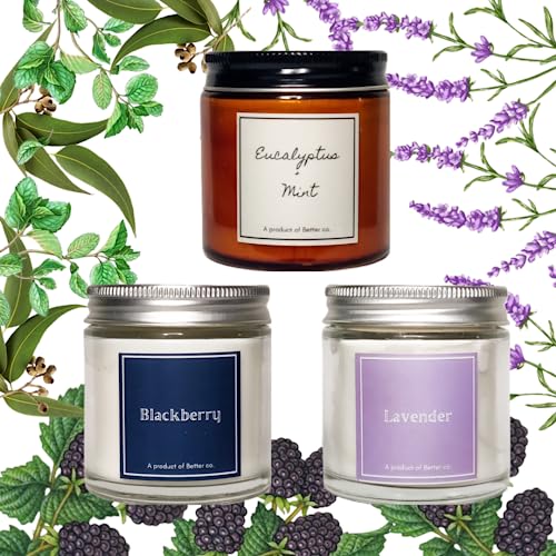 Better co Scented Soy Wax Amber Jar Candle Organic Luxury Aroma Burning Time Upto 20 Hours. Combo Pack of 3. Eucalyptus + Mint BlackBerry and Lavender