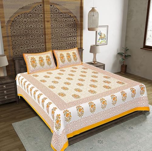 The Youth Spirit Cotton Double Bedsheet with 2 Pillow Cover, Jaipuri/Rajasthani Printed Bedsheet,90 * 100,White Yellow Flower