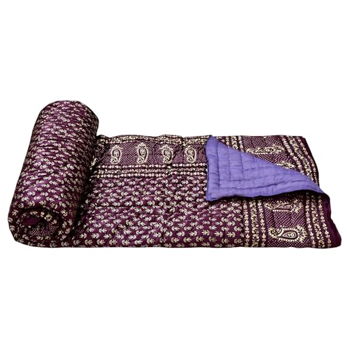 Ahnef Furnishing Jaipuri Beautiful All Over Floral Print Silk Rajai/Ac Quilt/Comforter |Gold Purple Butti Print | Soft & Lightweight | Purple (90x105 Inches)