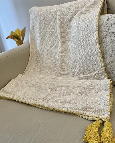 Tangerine casa Handmade Luxury Throw Blanket with Fringes for Sofa, Bed, Couch Polyester, Feels Soft and Warm, Vibrant and Attractive Appearance Natural Yellow Blanket Stitch50*60 Inches