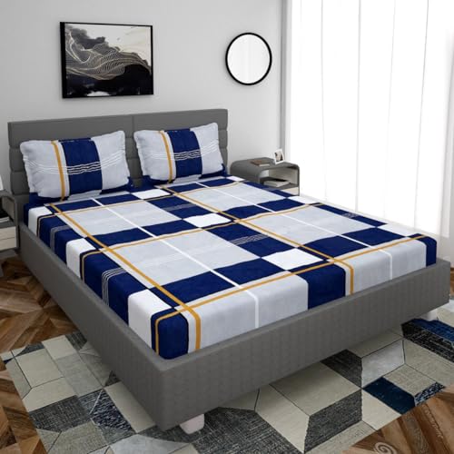 YaAkholic Premium Microfiber Fitted Bedsheet King Size 78 x 72 with 2 Pillow Covers | All Around Elastic 200 TC Supersoft | Fits Upto 8 Inches | Blue Checks