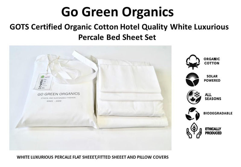 GO GREEN ORGANICS Organic Cotton Crisp Percale Bed Sheet Set - Luxury Hotel Quality - GOTS Certified - White - Deep Pocket - Easy Care - King