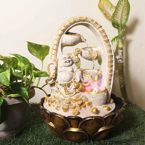 Art N Hub Laughing Buddha Home Decorative Water Fountain Best Home and Office Inauguration Gift Items | Built (27 x 27 x 40 CM | Dotted Cream Golden)