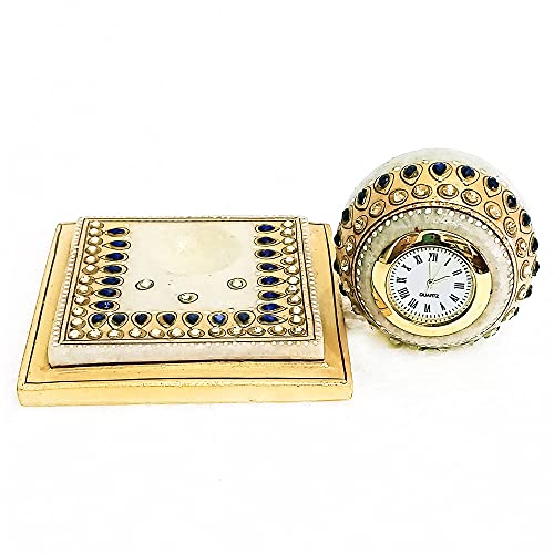 Handicraft Kingdom White Marble Table Clock with Ganesh Chowki | Ethnic Design Gold Painted Handmade Round Beautiful Meenakari Work Plate Watch| Approx Size (3.5 Inch) & Wt (600 Gm) Pack of 4