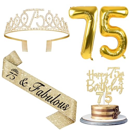 75th Birthday Decorations Women with 75th Birthday Sash and Tiara, Happy 75th Birthday Cake Toppers, Number 75 Candles, Gold 75 Birthday Balloons,75th Birthday Party Gifts for Women (Gold)