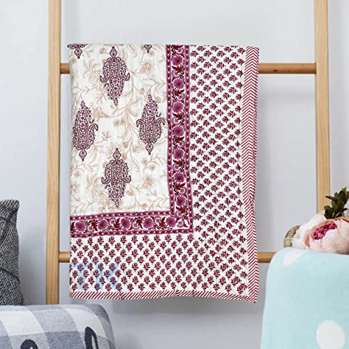 THROW KING Traditional Organic Cotton Soft Premium and Mughal Desing Print Single Bed Jaipuri Razai AC Quilt/Razai/Rajai/Blanket/Throw Floral Print, (60x90inch) (Maroon)